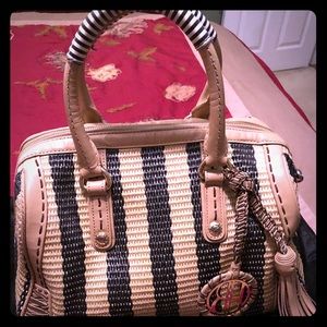 Henri Bendel cream and brown straw like woven bag